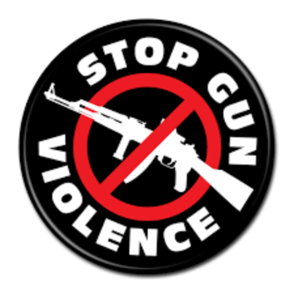 Button with 'Stop Gun Violence' text and a gun icon crossed out by a red circle on a black background.